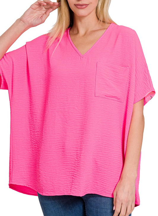 Woven Airflow V-Neck Dolman Short Sleeve Top - Neon Fuchsia