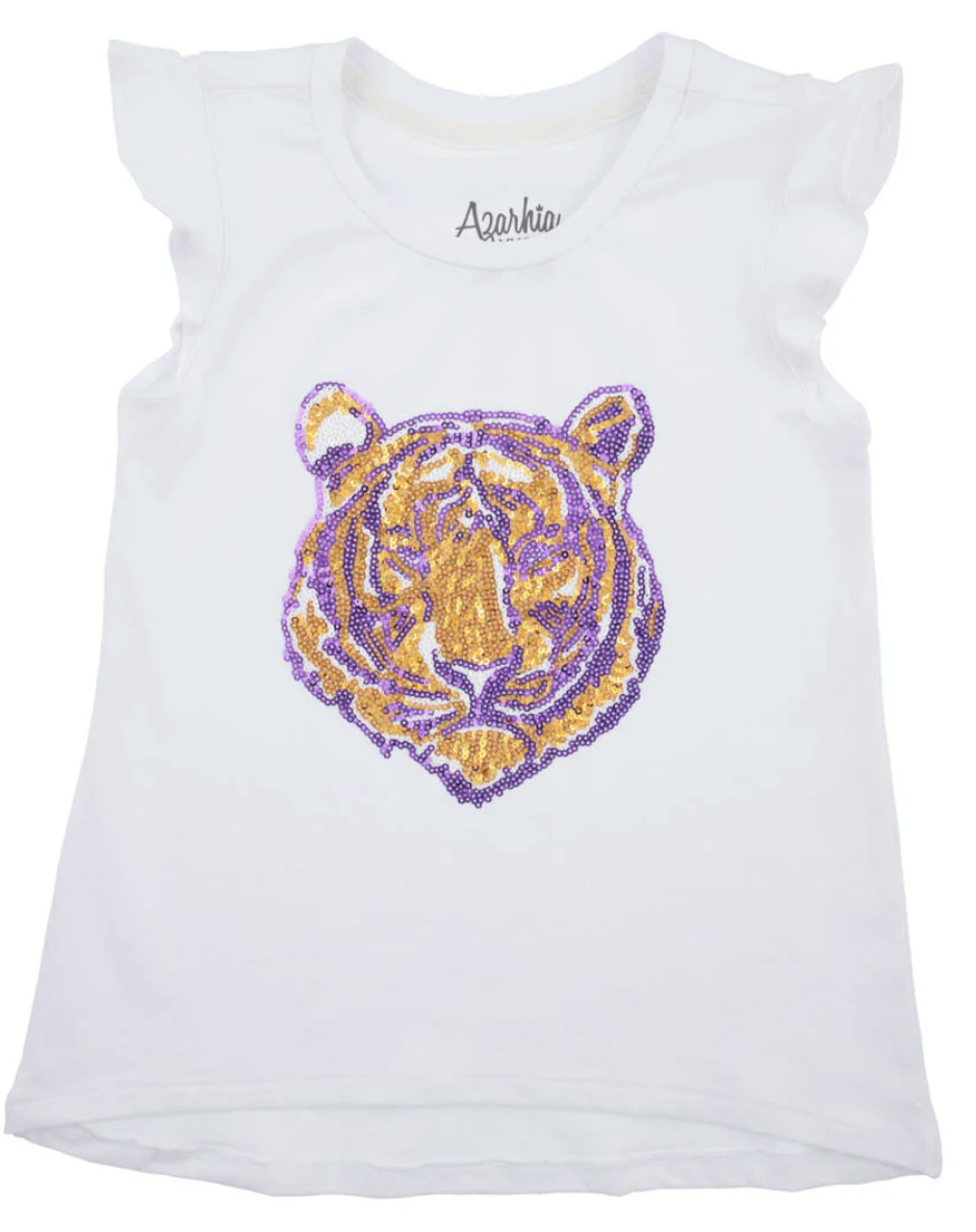 Kids Ruffle Sleeve Sequin Tiger Face Top