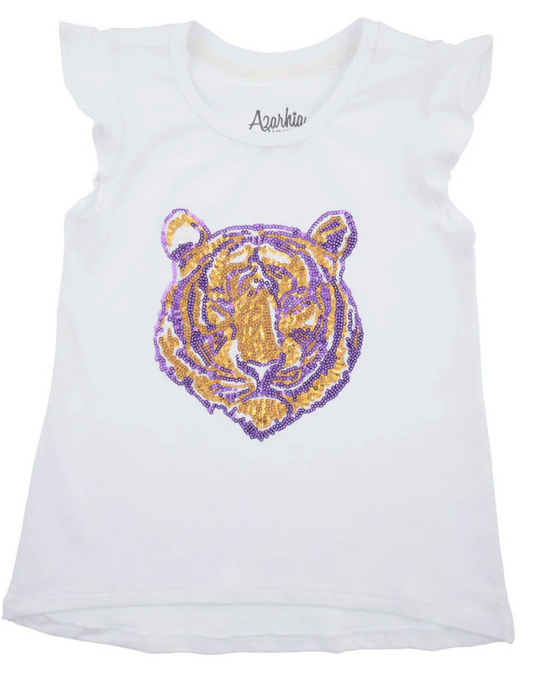Kids Ruffle Sleeve Sequin Tiger Face Top