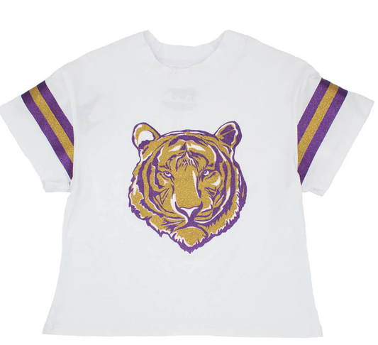 Kids Glitter Tiger Face and Striped Sleeve Boxy Tee