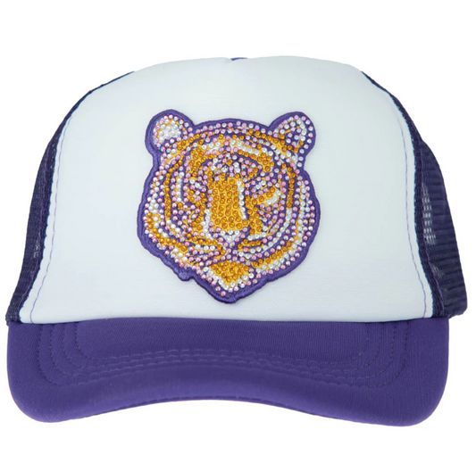 Rhinestone Tiger Face Youth Trucker Hat