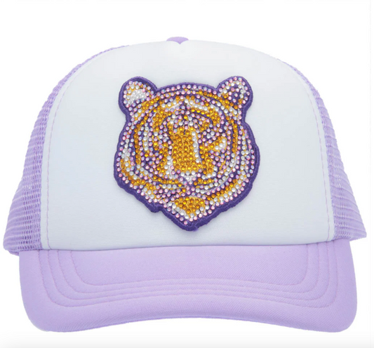 Rhinestone Tiger Face Lavender Youth Trucker Hat