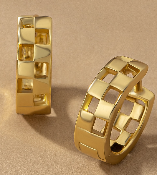 Brass Checker Huggie Hoops