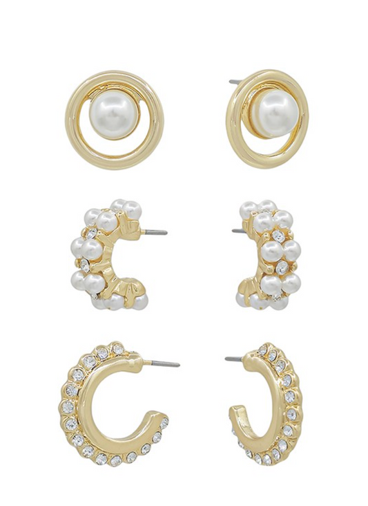 3 PIECE EARRINGS SET PEARL POST & PAVE C HOOP