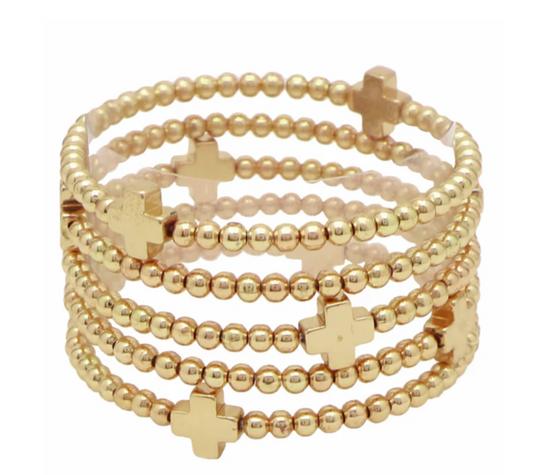 Row of 5 Gold Bead and Cross Bracelets