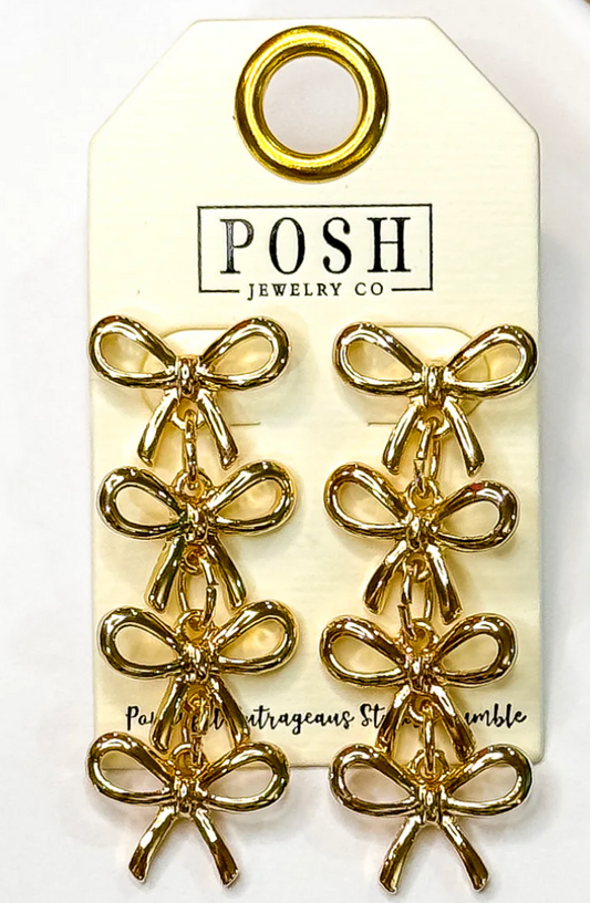 Pink Panache Gold Linked Metal Four Bow Earrings