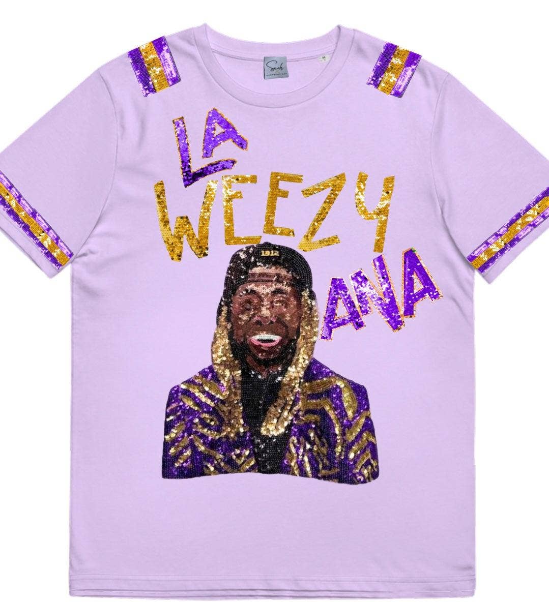 Gameday Purple and Gold La Weezy Ana Tigers Sequin T-Shirt