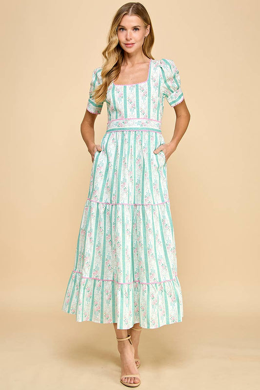 Striped Floral Cinched Waist Midi Dress