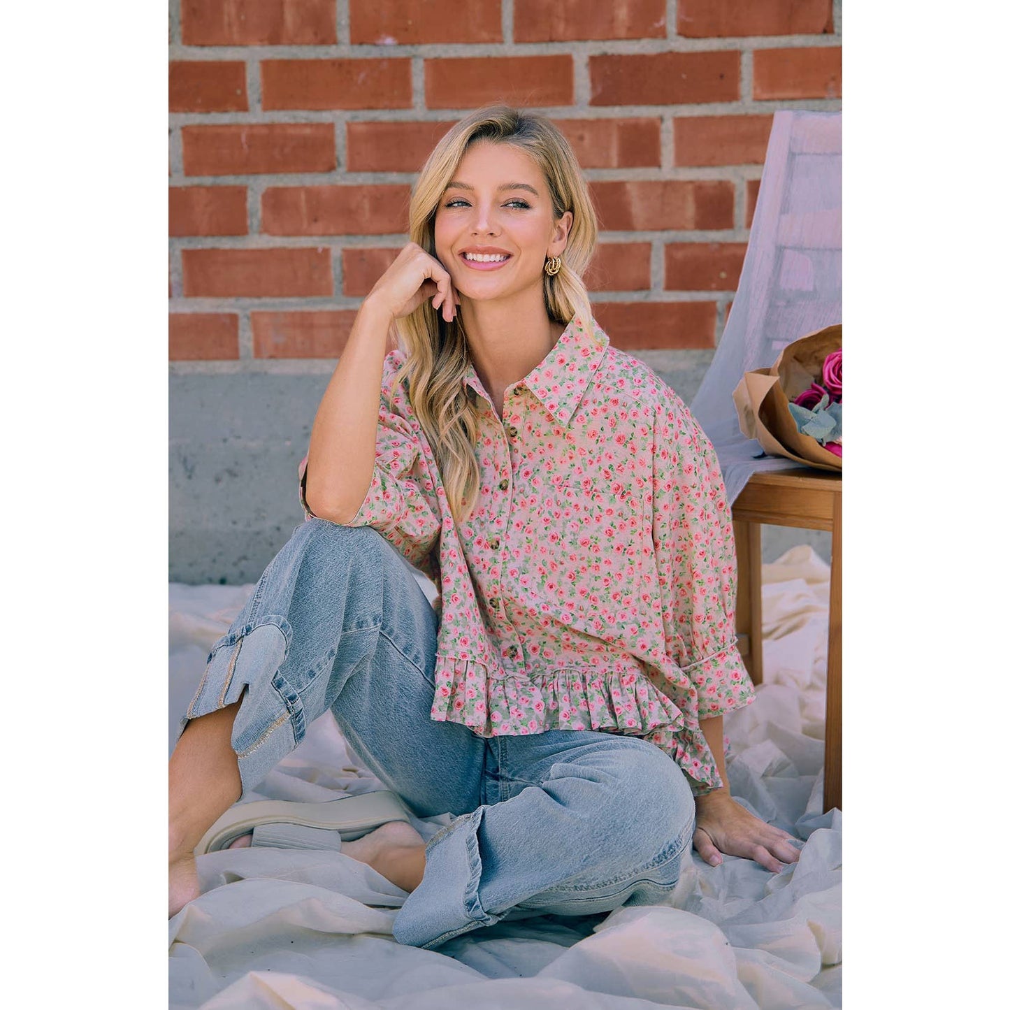 DUSTY ROSE FLORAL RUFFLE HEM BUTTON DOWN BLOUSE
