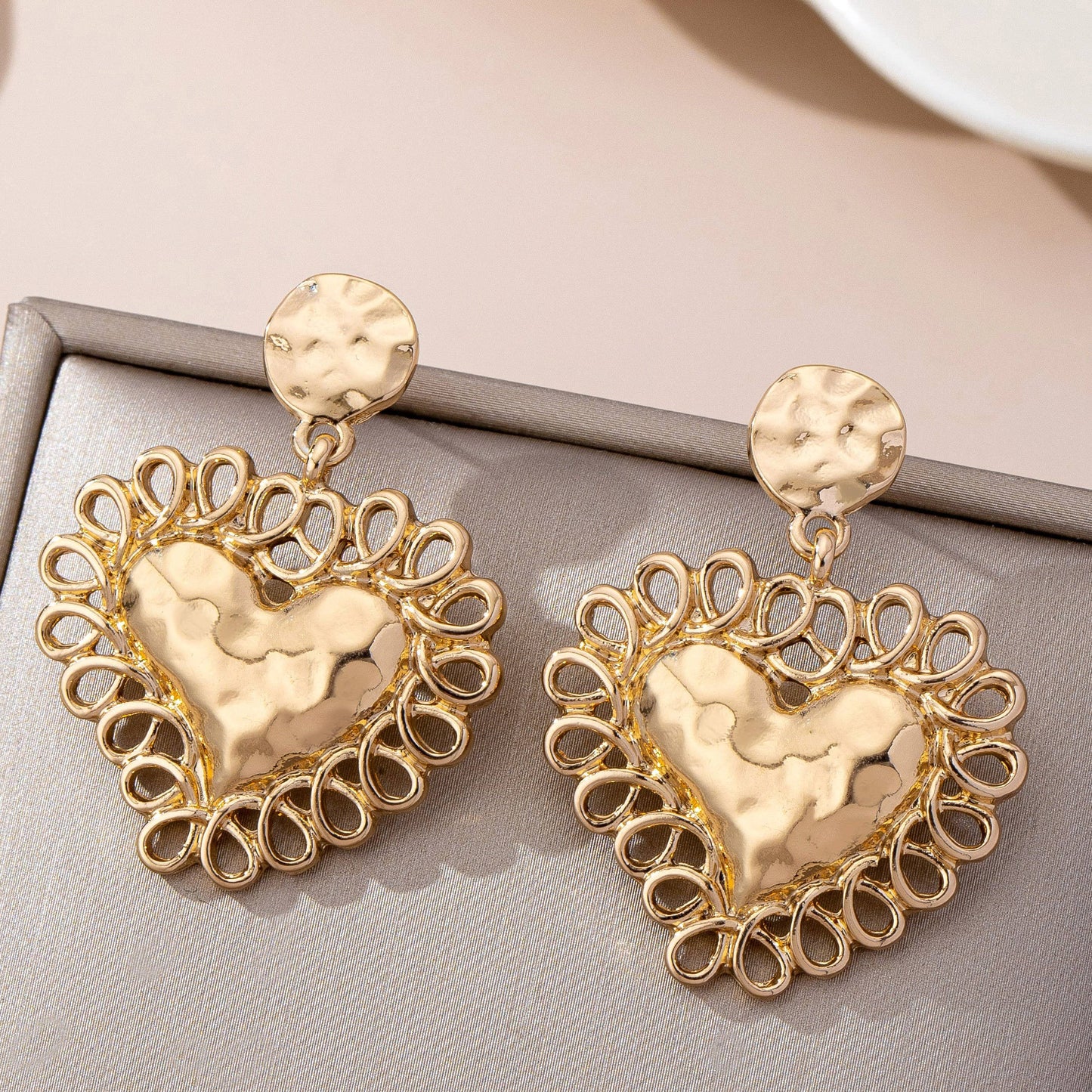 Ornate Hammered Heart Drop Earrings