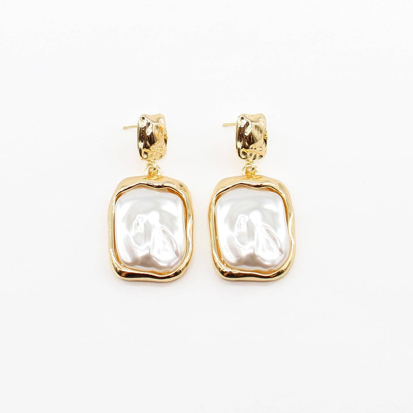 Gold Stud with Freshwater Pearl Rectangle Earrings