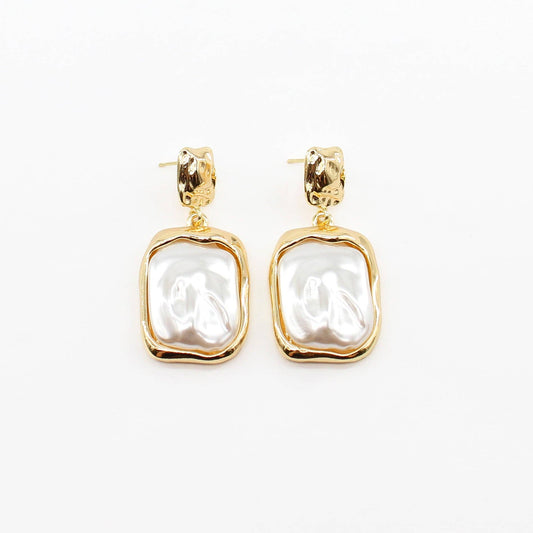Gold Stud with Freshwater Pearl Rectangle Earrings