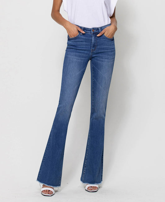 MID RISE RAW HEM FLARE JEANS SUNFADED