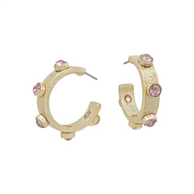 Gold Textured 1" Hoop with Pink Crystal Accents
