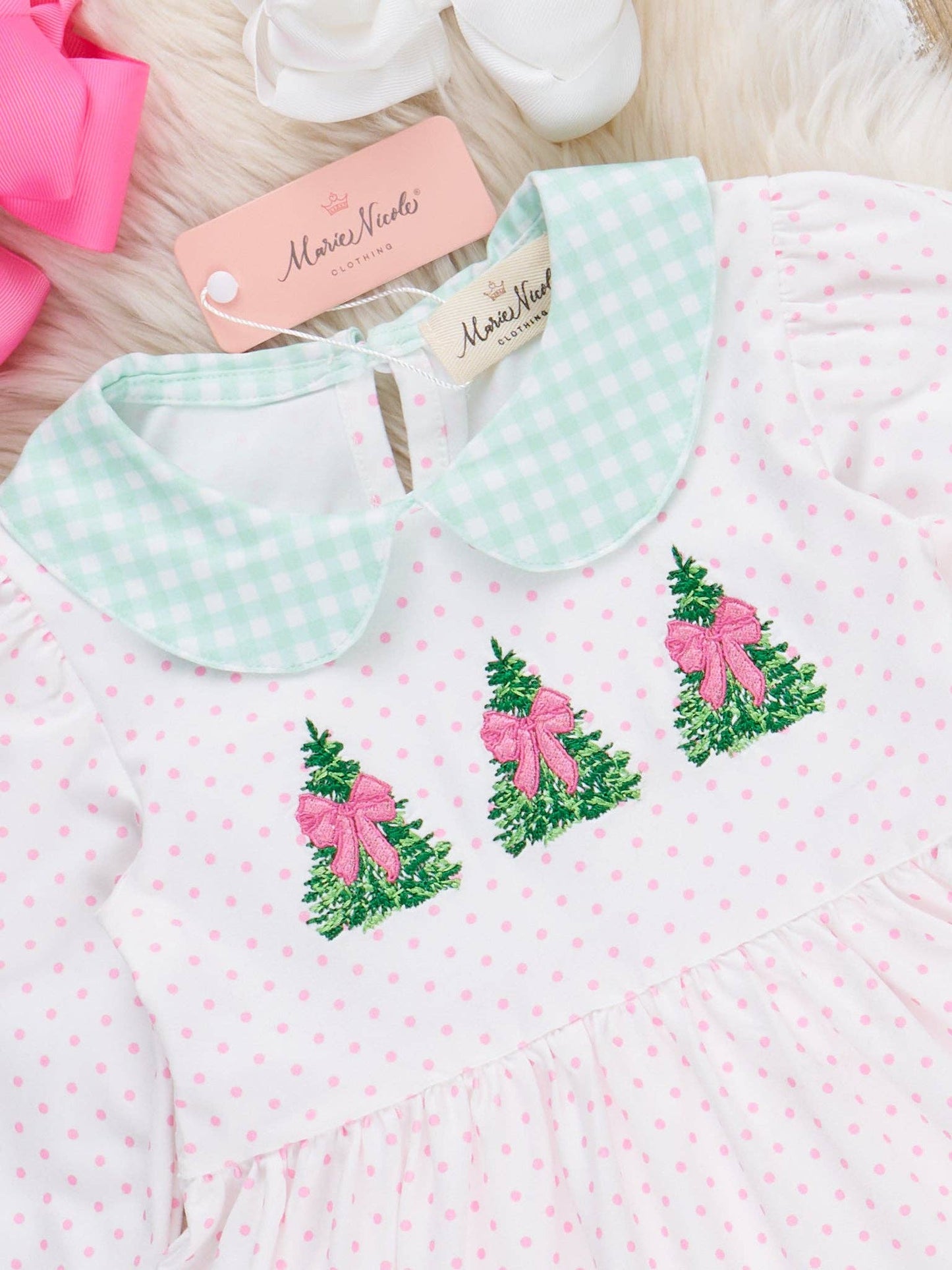 Polka Dottie Christmas Tree Embroidered Ruffle Dress