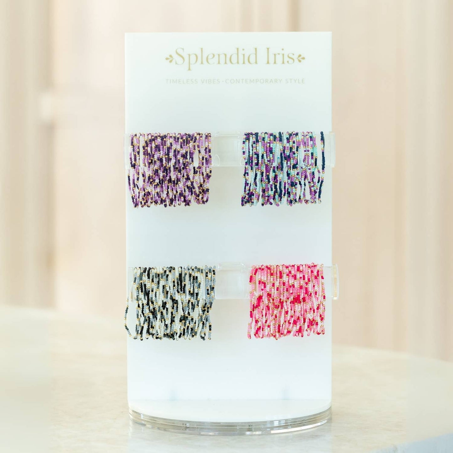 Assorted 2mm Stretch Seed Bead Bracelets: Taupe/Peach/Grey