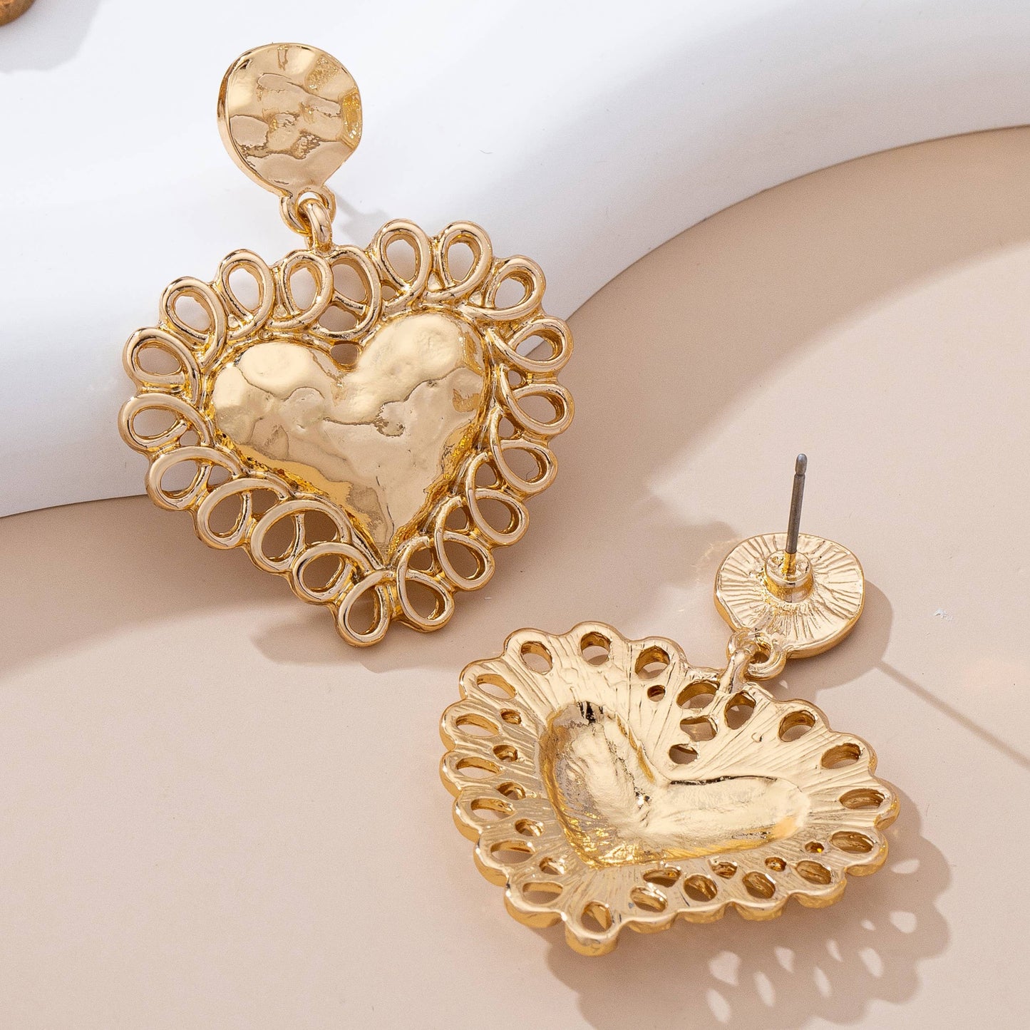 Ornate Hammered Heart Drop Earrings