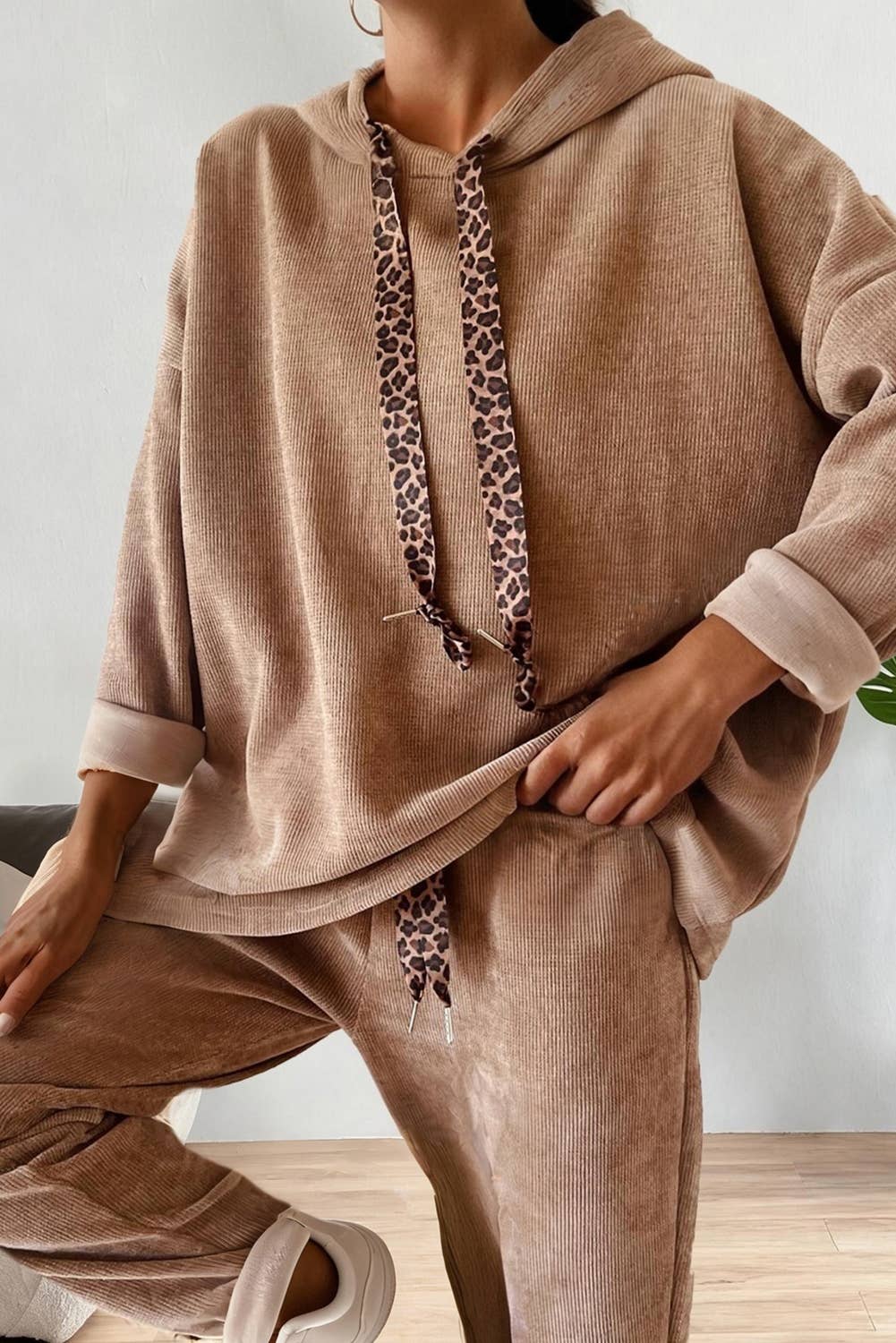 Drawstring Pullover Hoodie and High Waist Pants Corduroy Set