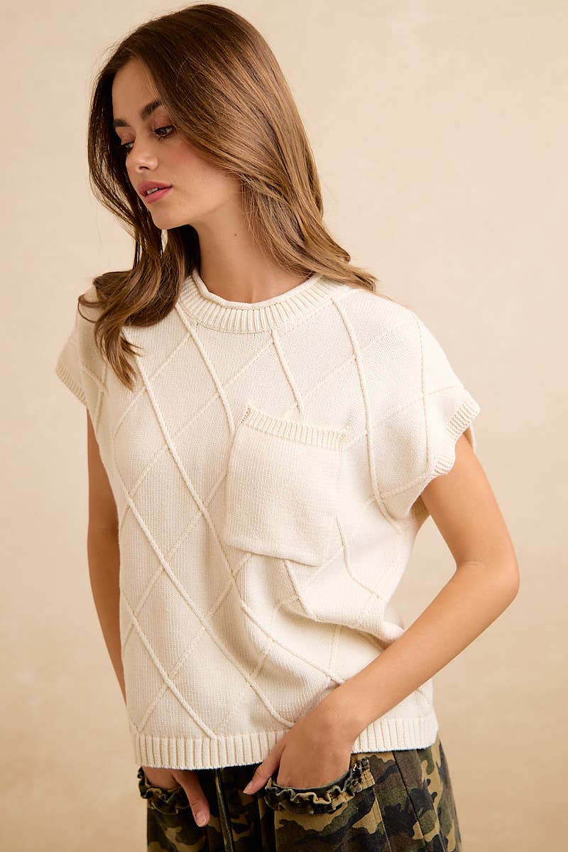 DIAMOND PATTERN WASHED KNIT DROP SHOULDER TOP
