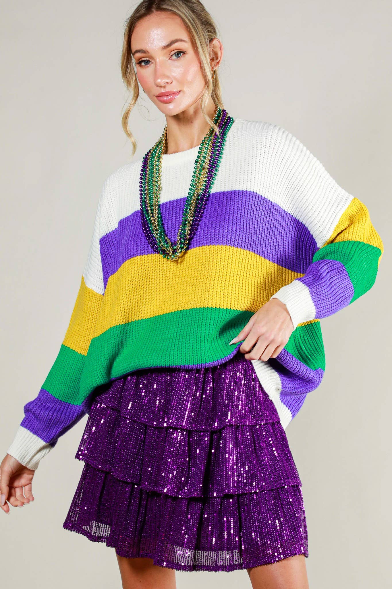 Mardi Gras Color Block Knitted Sweater