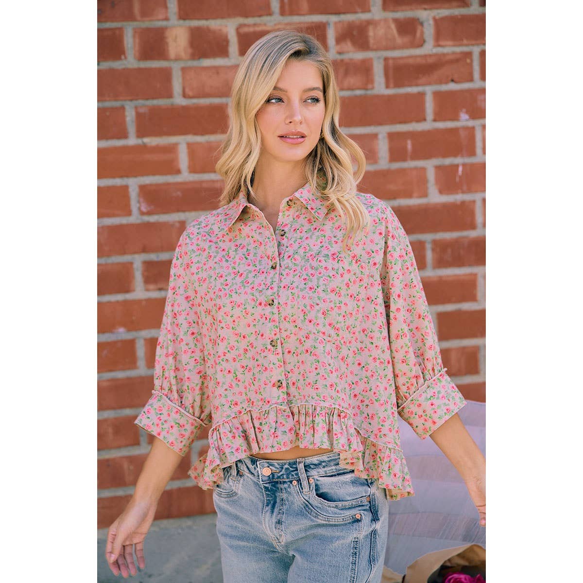 DUSTY ROSE FLORAL RUFFLE HEM BUTTON DOWN BLOUSE