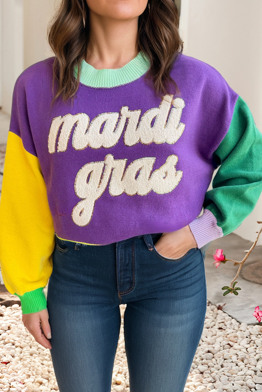 Colorblock Fuzzy Mardi Gras Sweater