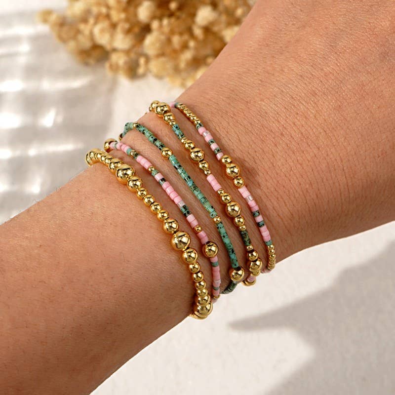 MULTI LAYER NATURAL STONE BALL CHAIN LINK BRACELET