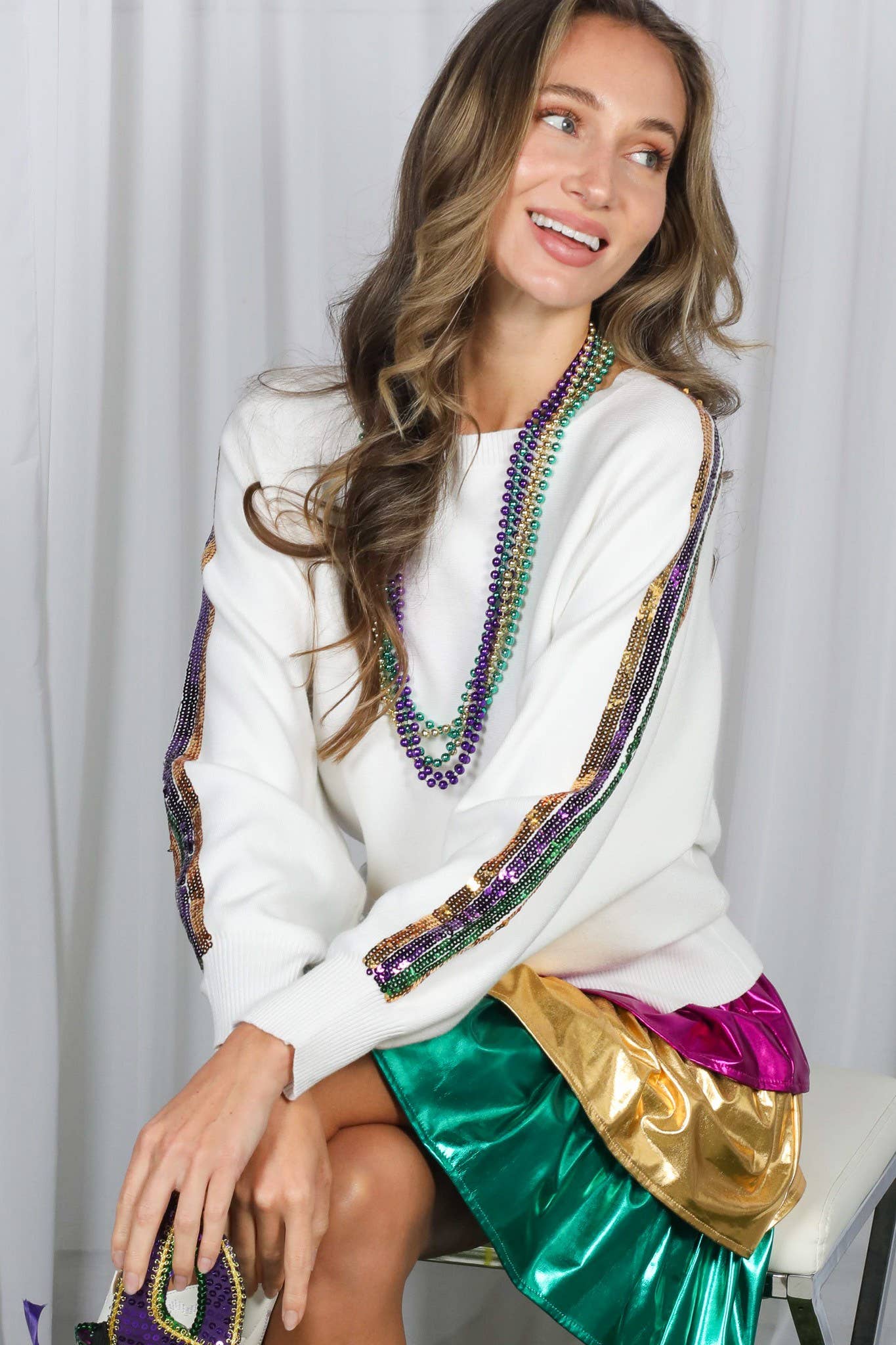 Mardi Gras Crew Neck Sequin Embellished Sweater