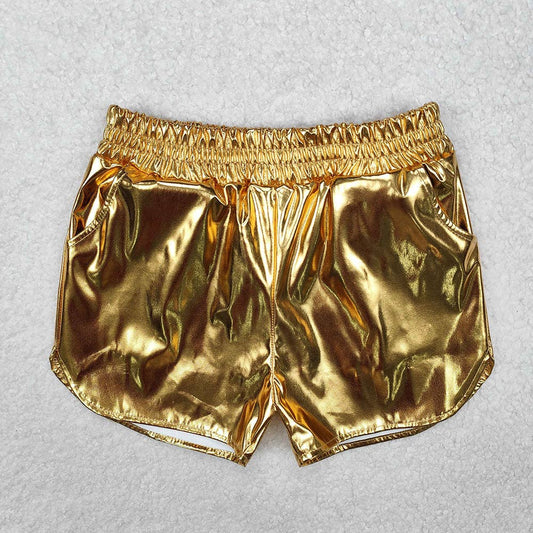 Girls Pockets Leather Metallic Elastic Bottom Shorts