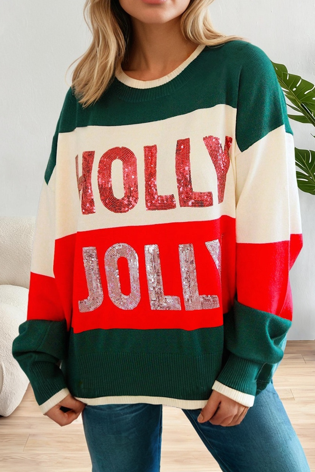 Sequined HOLLY JOLLY Color Block Crew Neck Sweater