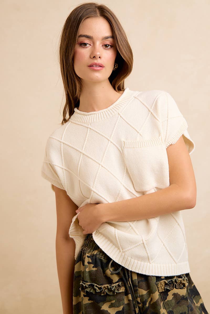 DIAMOND PATTERN WASHED KNIT DROP SHOULDER TOP