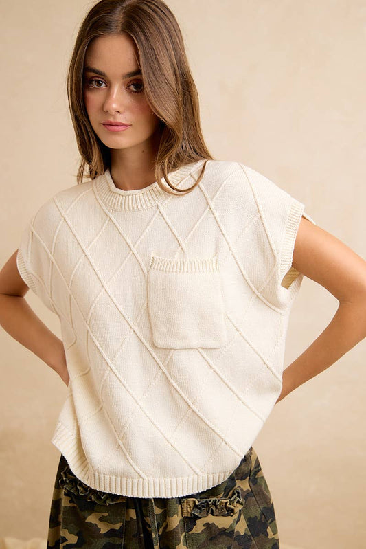 DIAMOND PATTERN WASHED KNIT DROP SHOULDER TOP