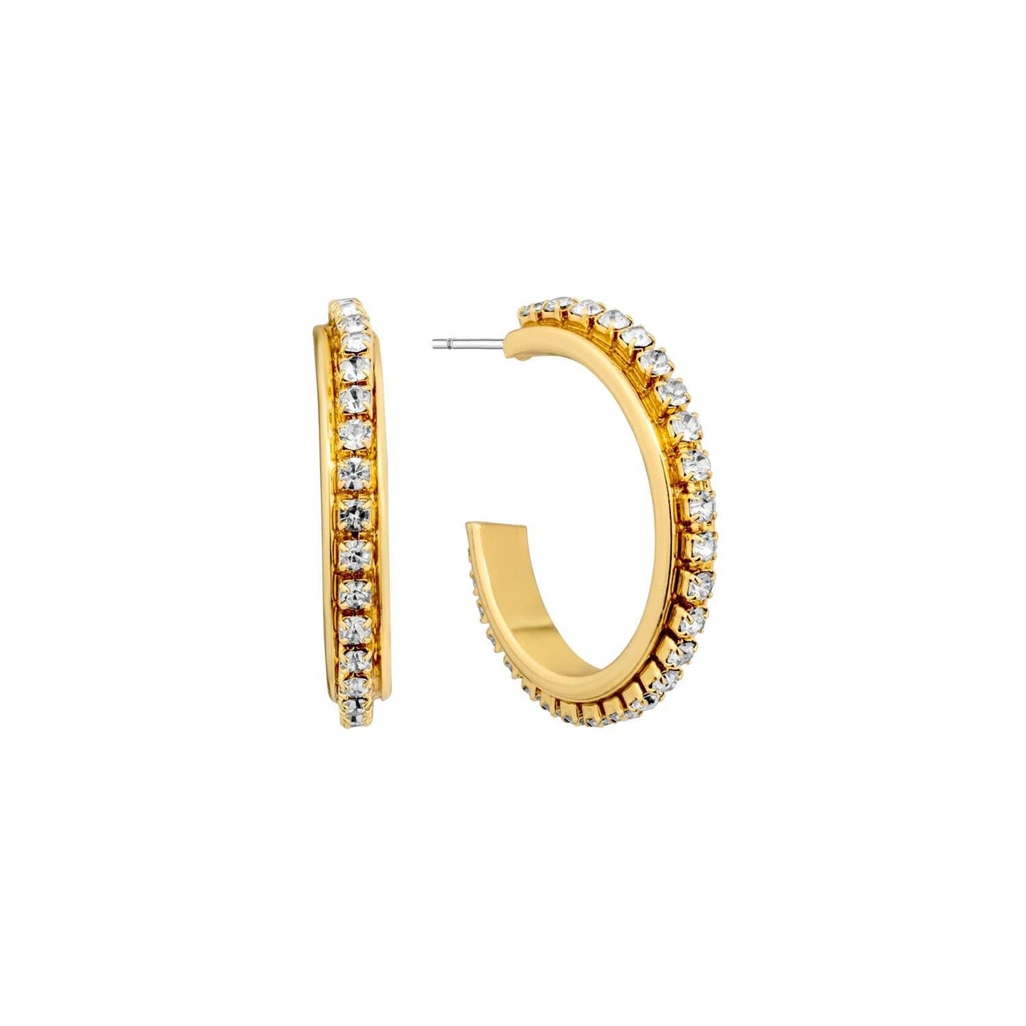 Gold Thin Hoop 1" Rhinestone Earrings