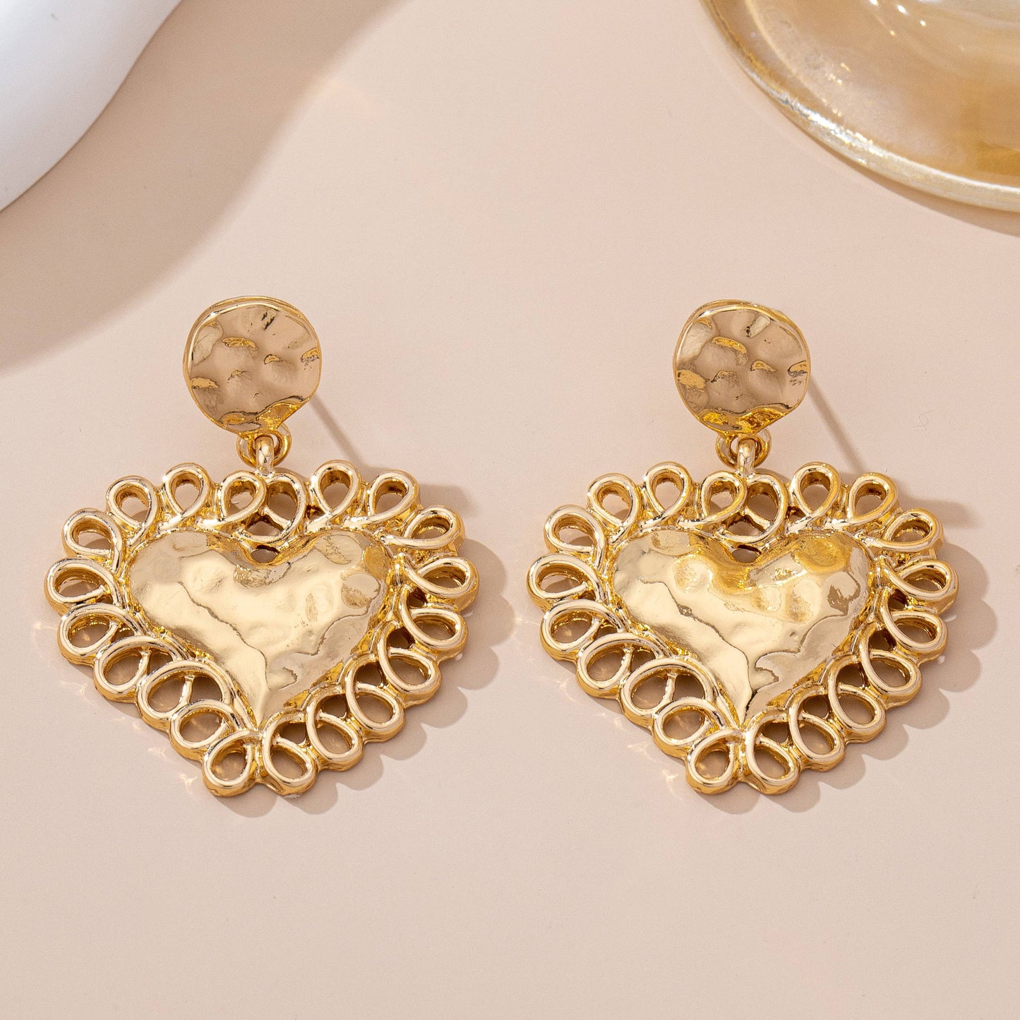 Ornate Hammered Heart Drop Earrings