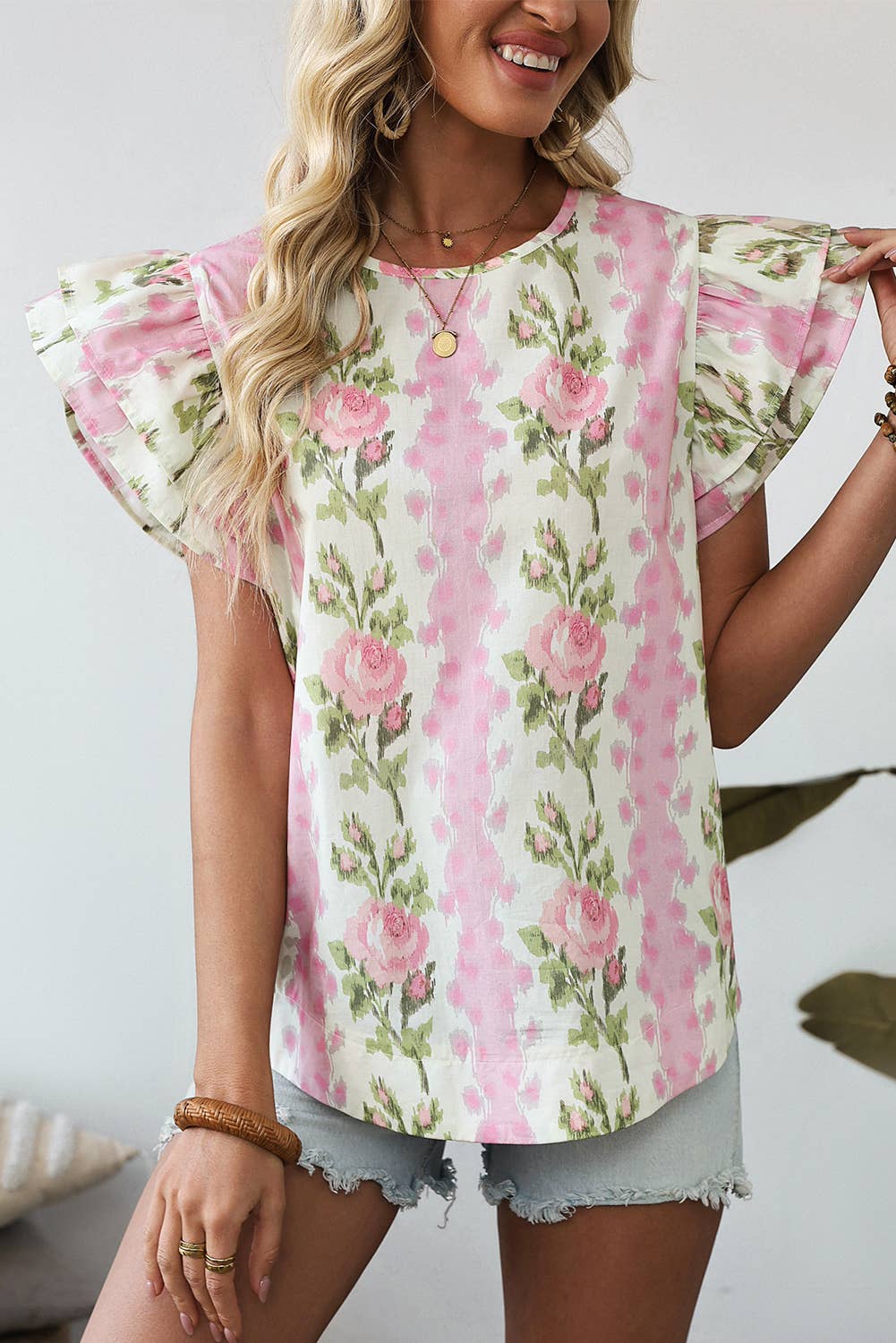 Floral Print Striped Ruffled Sleeve Top