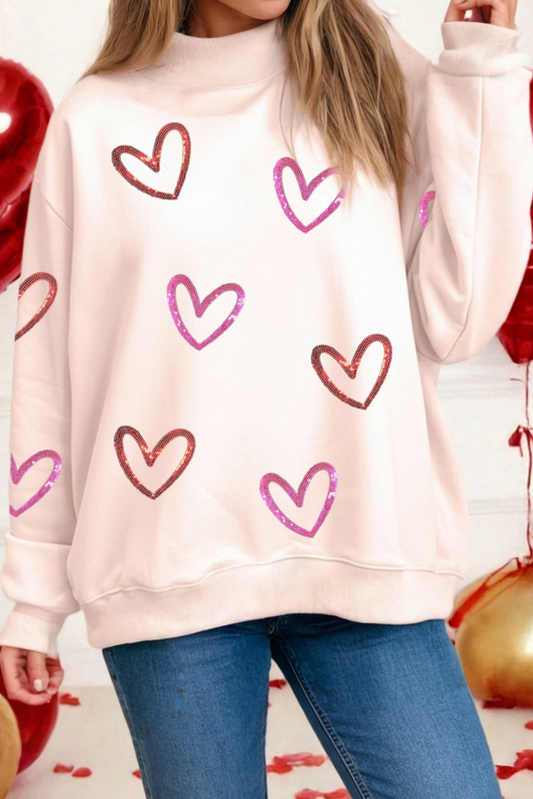 Sequin Heart Valentines Day Mock Neck Sweatshirt