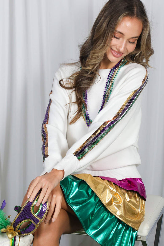 Mardi Gras Crew Neck Sequin Embellished Sweater