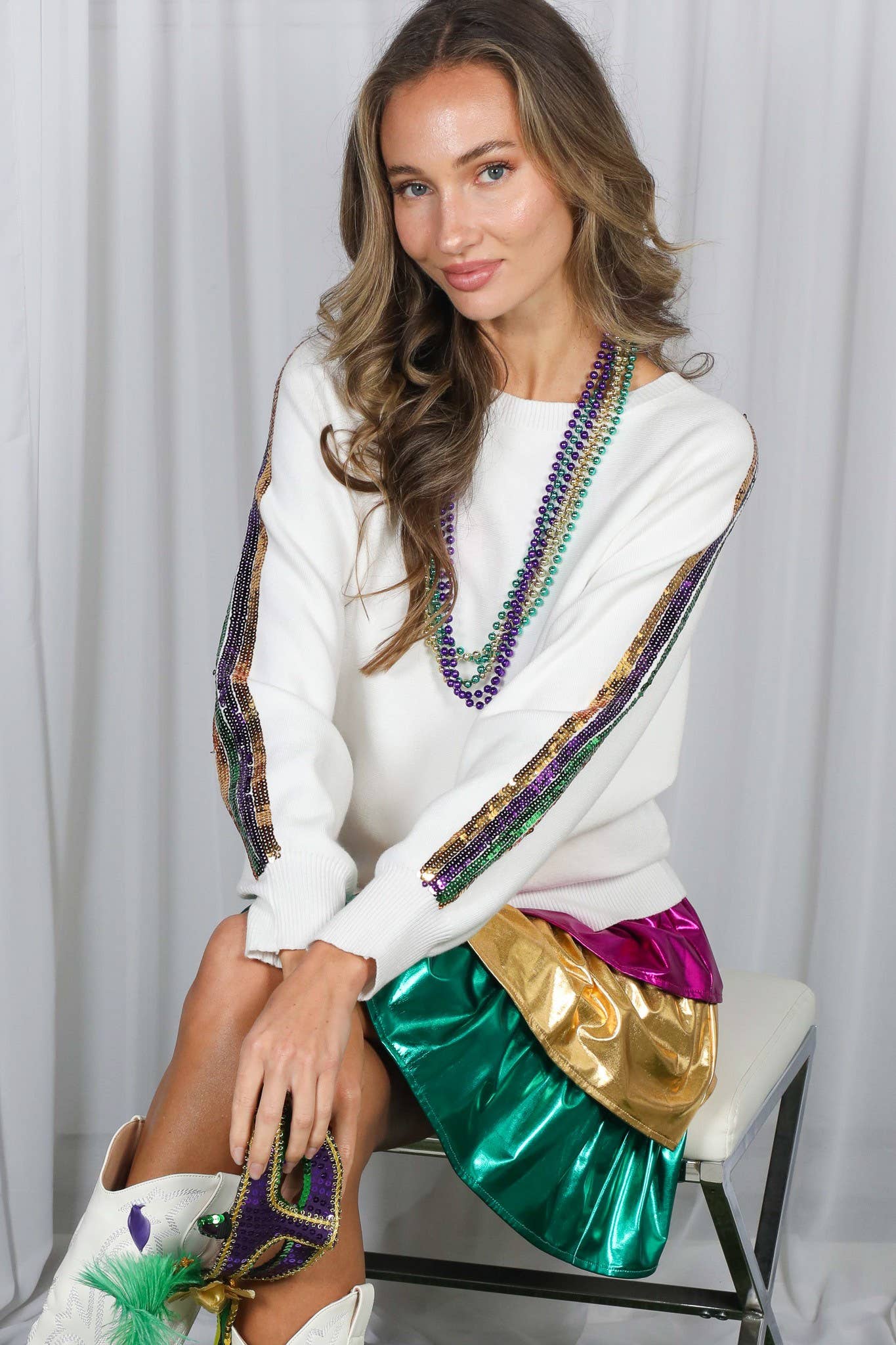Mardi Gras Crew Neck Sequin Embellished Sweater