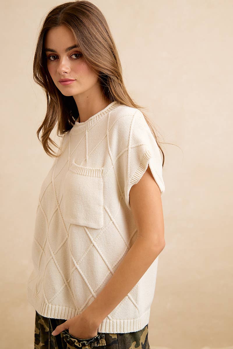DIAMOND PATTERN WASHED KNIT DROP SHOULDER TOP