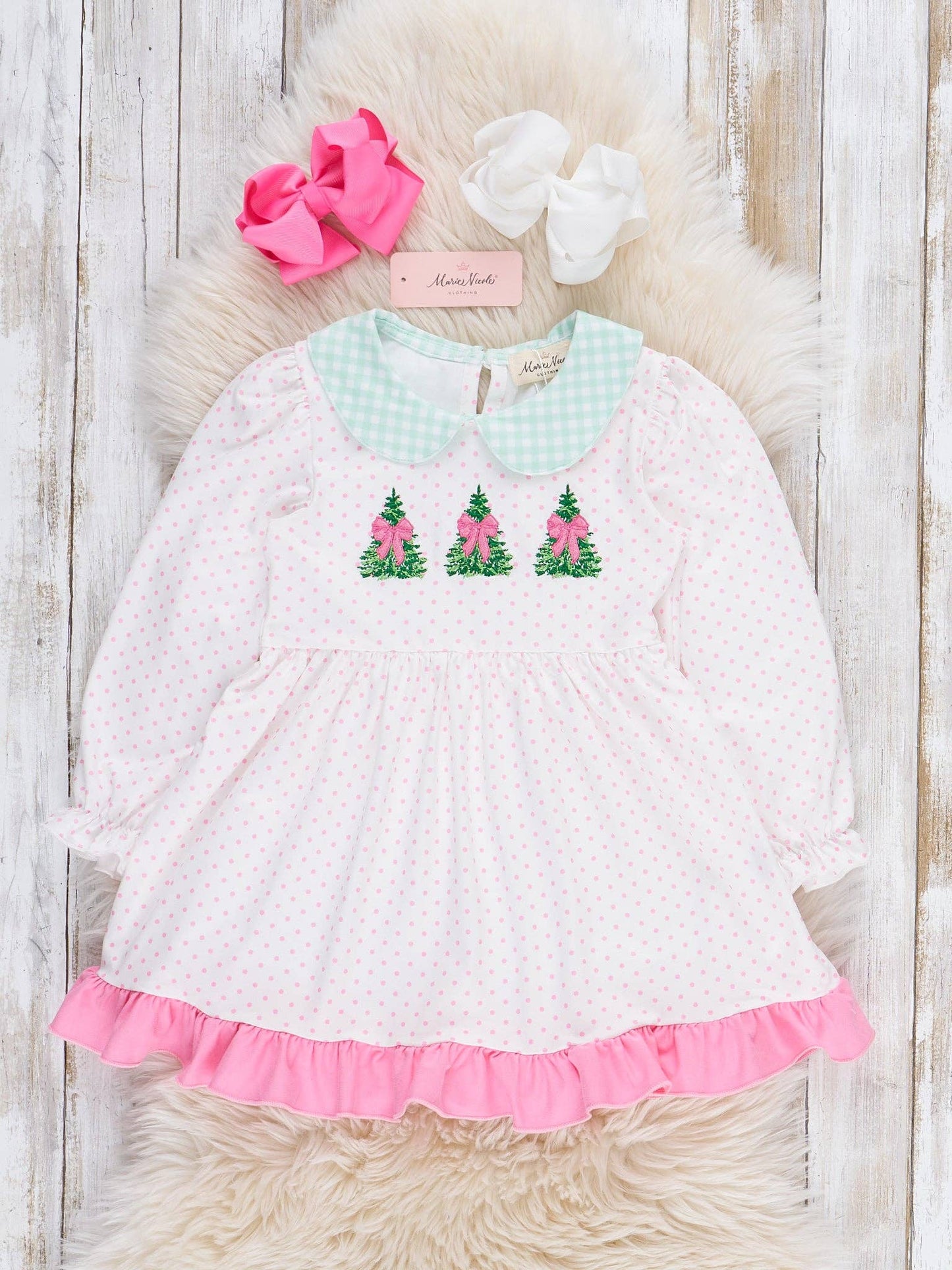 Polka Dottie Christmas Tree Embroidered Ruffle Dress