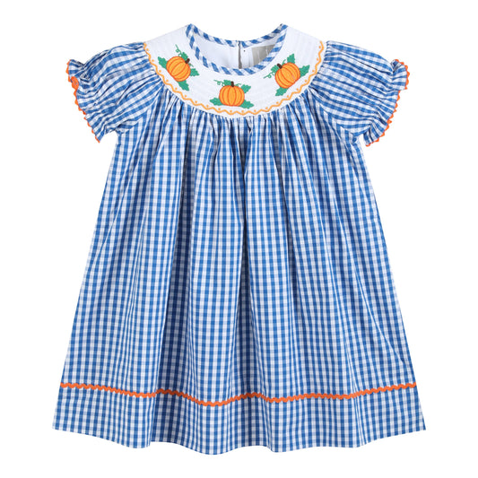 Royal Blue Gingham Pumpkin Smocked Bishop Dress