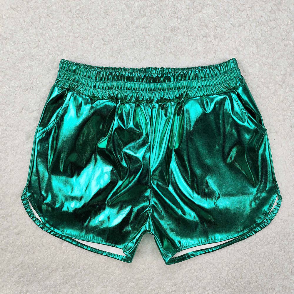 Girls Pockets Leather Metallic Elastic Bottom Shorts