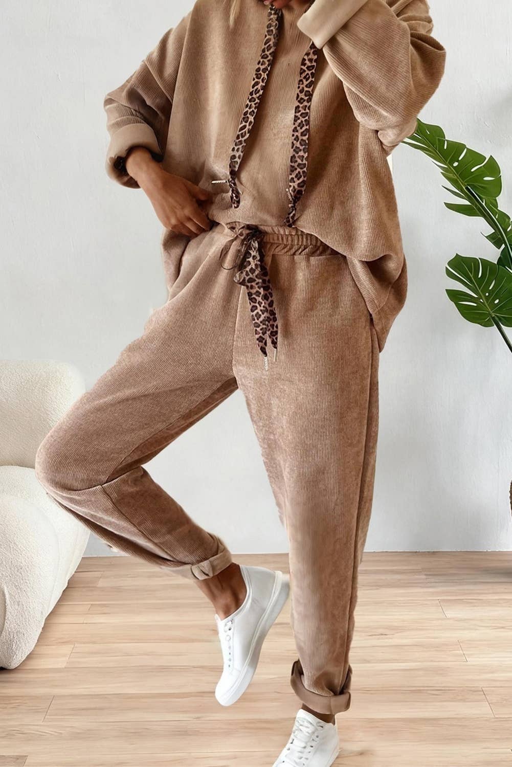 Drawstring Pullover Hoodie and High Waist Pants Corduroy Set