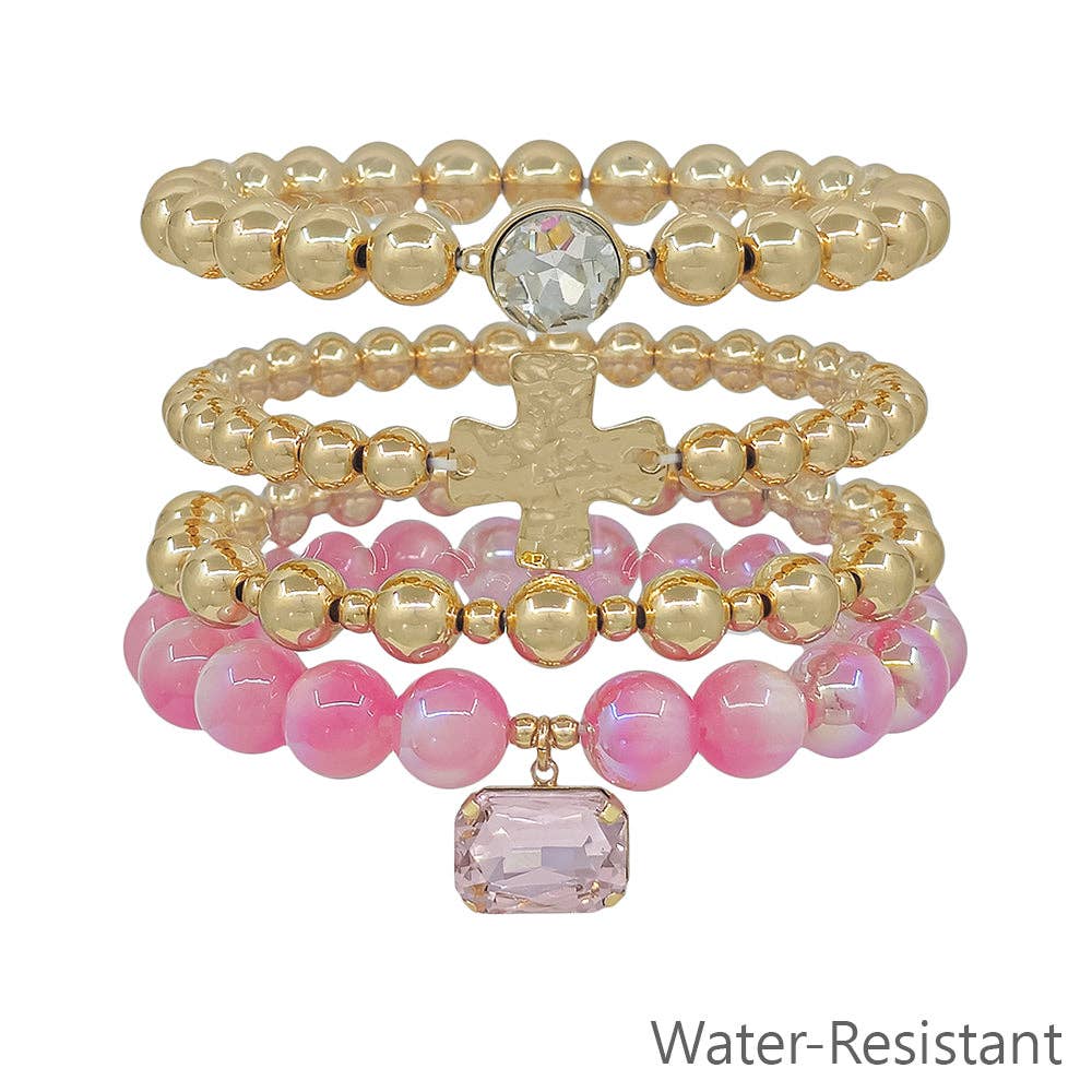 Cross and Pink Crystal Beaded Set of 4 Stretch Bracelets