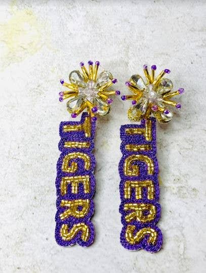 Purple & Gold TIGERS Beaded Earrings