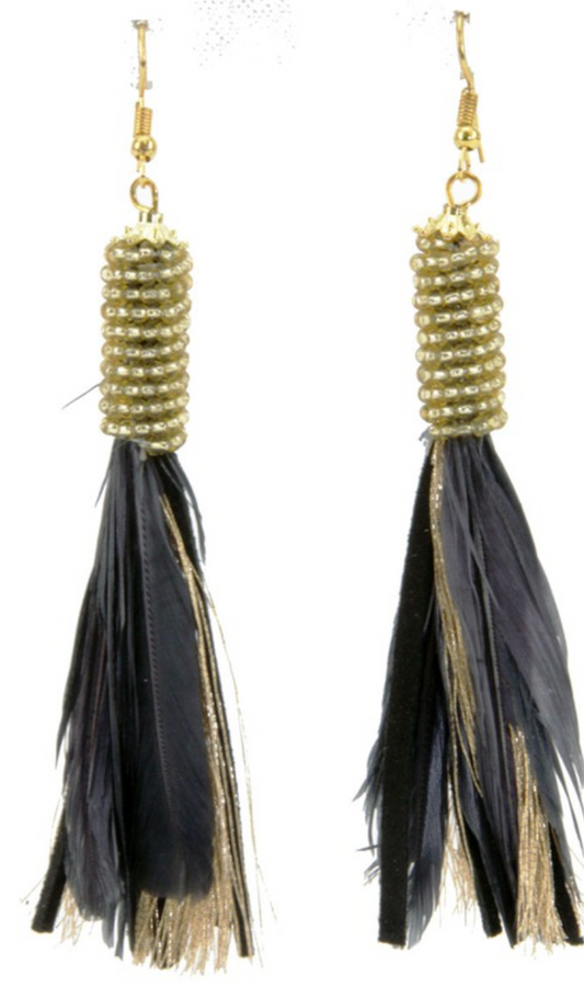 Black & Gold Feather Tassel Earrings