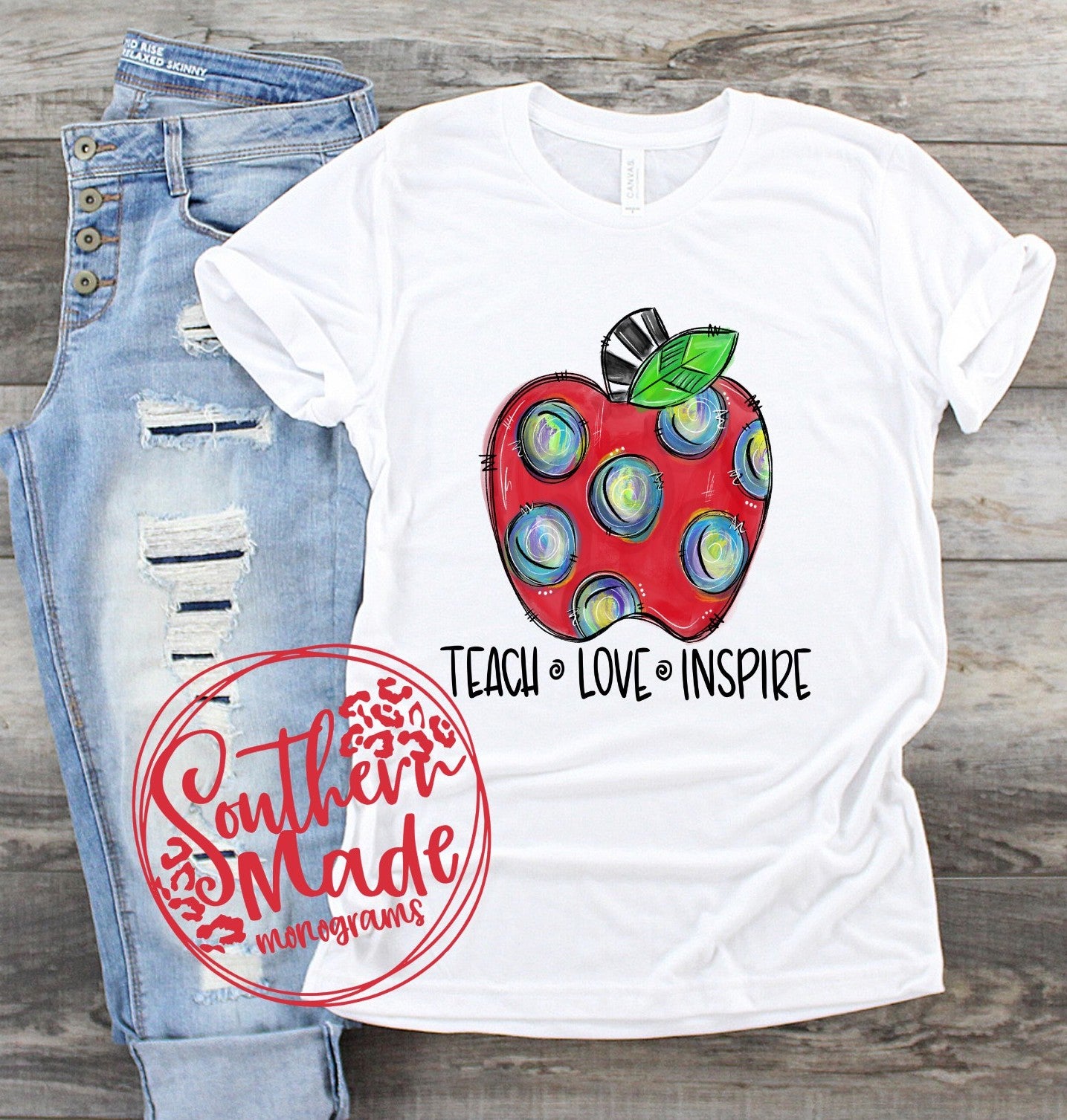 Teach Love Inspire | Doodle Apple - Choose Color Shirt & Style
