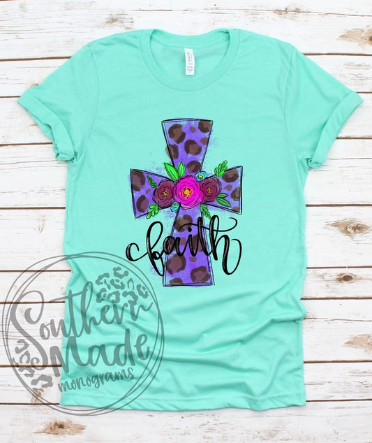Faith | Leopard Floral Purple Cross - Choose Shirt Color & Style